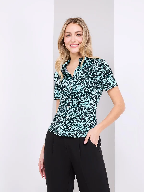 Leaf Print Button-Front Short Sleeve Blouse