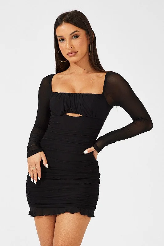 Black Bodycon Dress Ruched Mesh