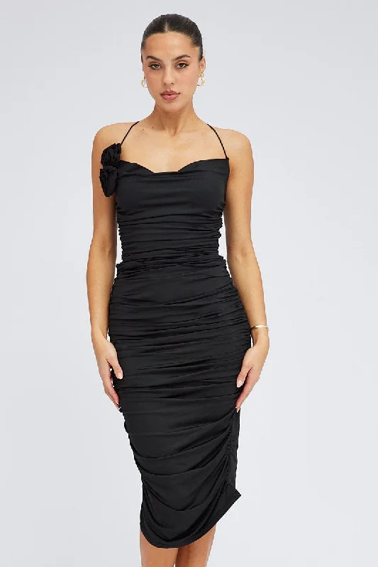 Black Bodycon Midi Dress Rose Strappy Rosette Gathered