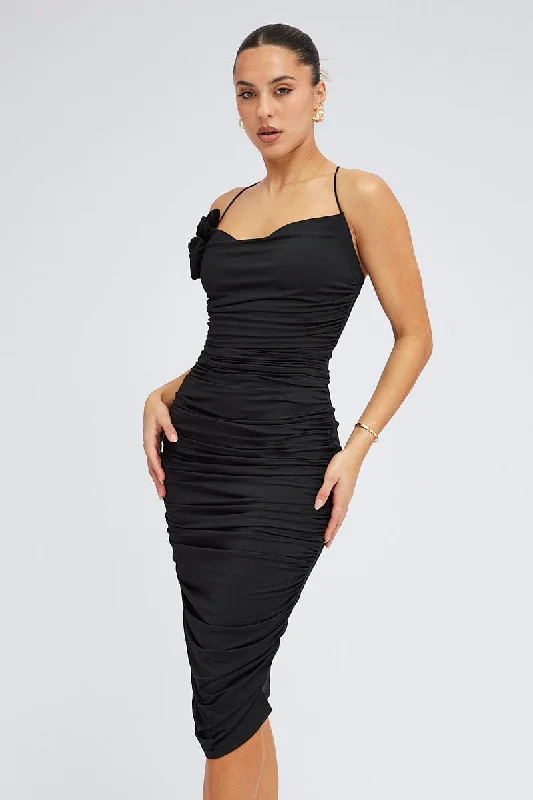 Black Bodycon Midi Dress Rose Strappy Rosette Gathered