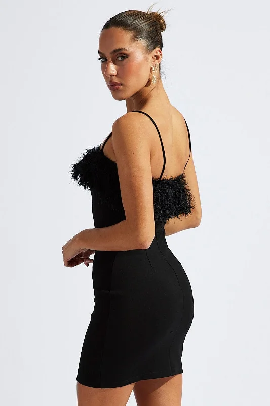 Black Faux Feather Trim Bodycon Strappy Mini Dress