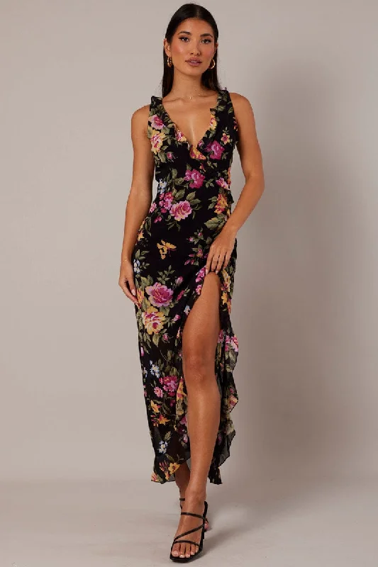 Black Floral Ruffle Midi Dress Wrap Frill Dress