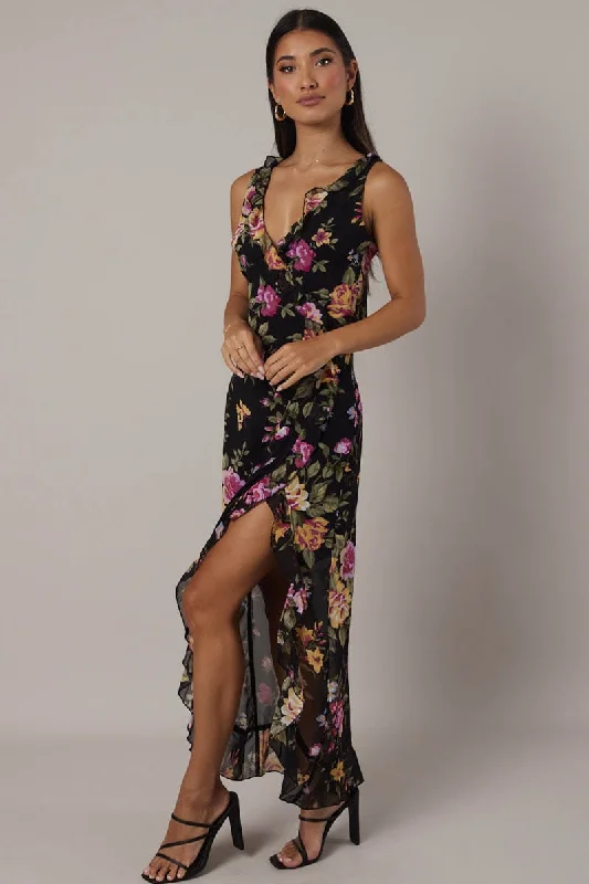 Black Floral Ruffle Midi Dress Wrap Frill Dress