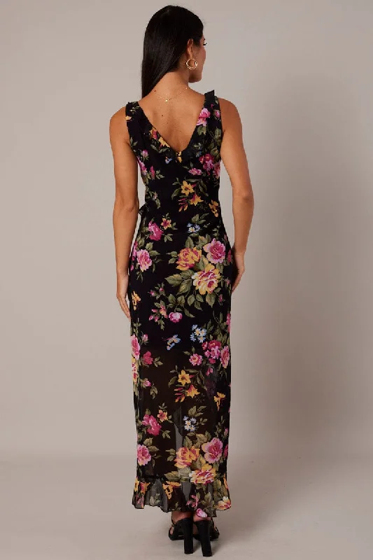 Black Floral Ruffle Midi Dress Wrap Frill Dress