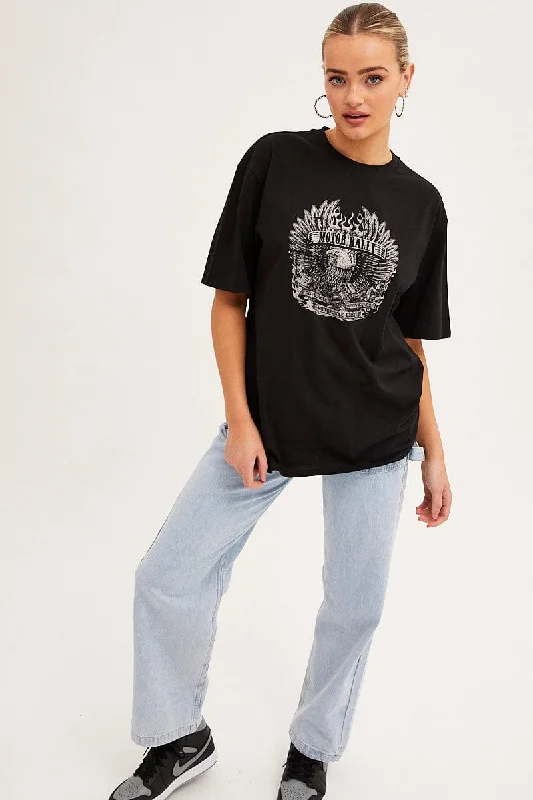 Black Graphic T-Shirt Crew Neck Short Sleeve