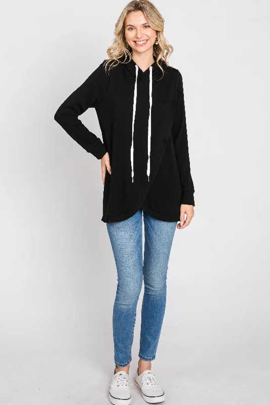 Black Layered Front Nursing Fleece Hoodie