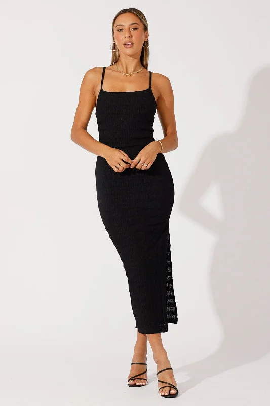 Black Maxi Dress Square Neck Bodycon Textured