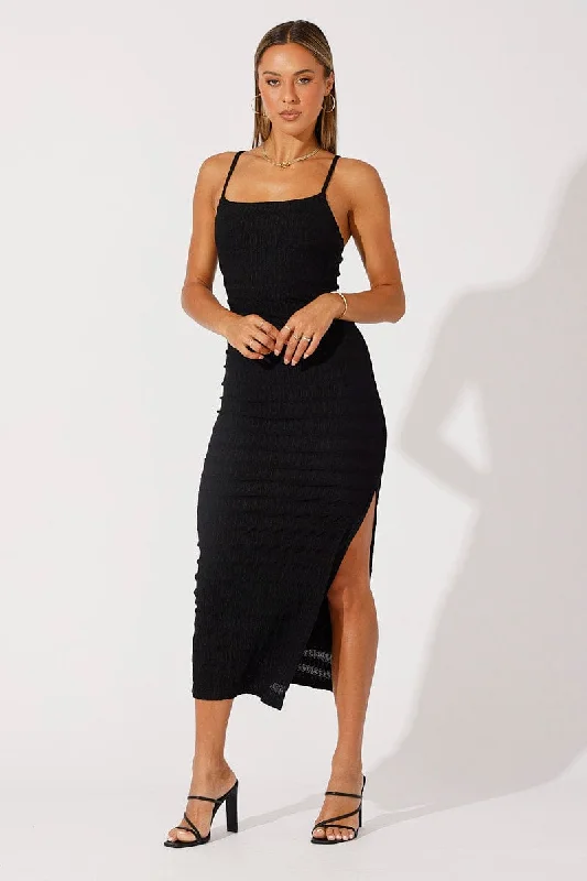 Black Maxi Dress Square Neck Bodycon Textured