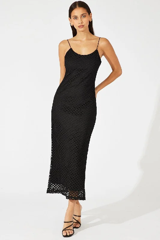 Black Midi Bodycon Dress Sleeveless Crochet