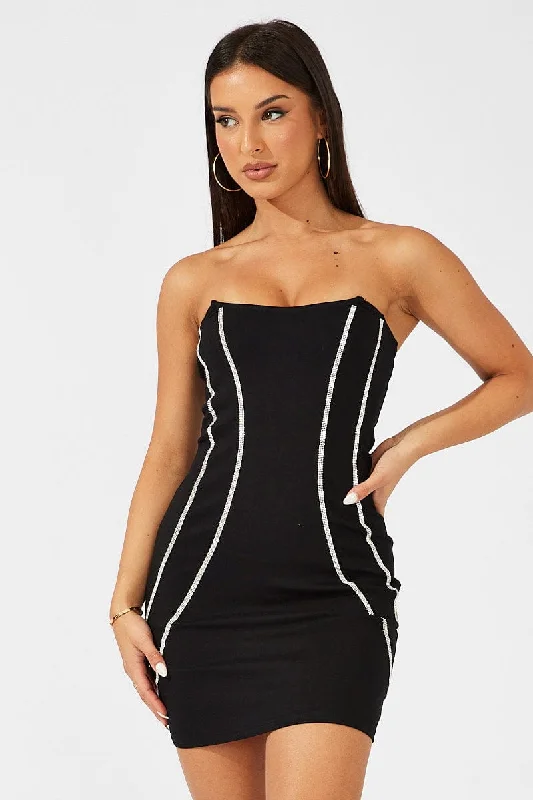 Black Mini Dress Strapless Bandeau Bodycon Diamonte