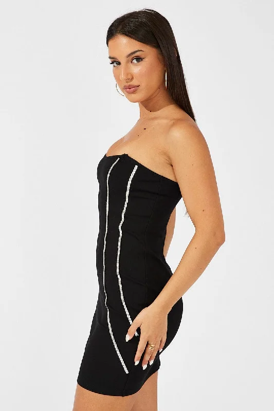 Black Mini Dress Strapless Bandeau Bodycon Diamonte