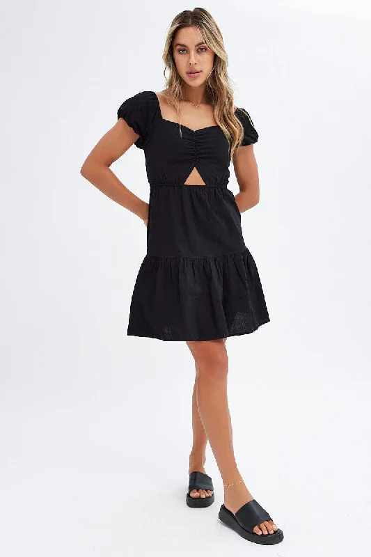 Black Puff Sleeve Cut Out Skater Dress