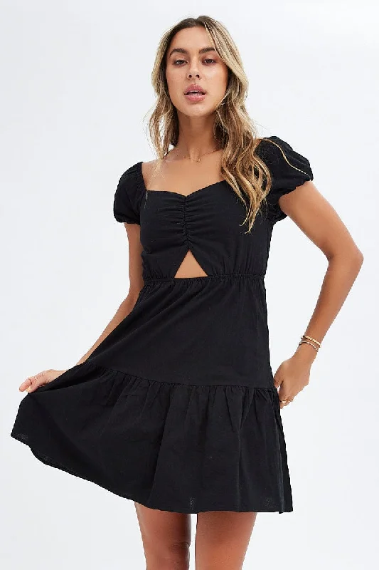 Black Puff Sleeve Cut Out Skater Dress