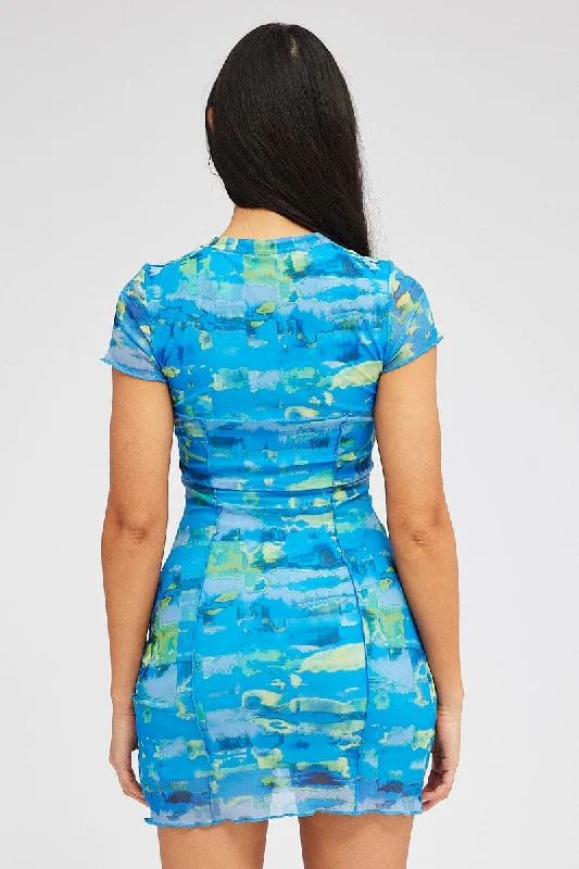 Blue Abstract Mini Dress Cap Sleeve Crew Neck Bodycon Mesh