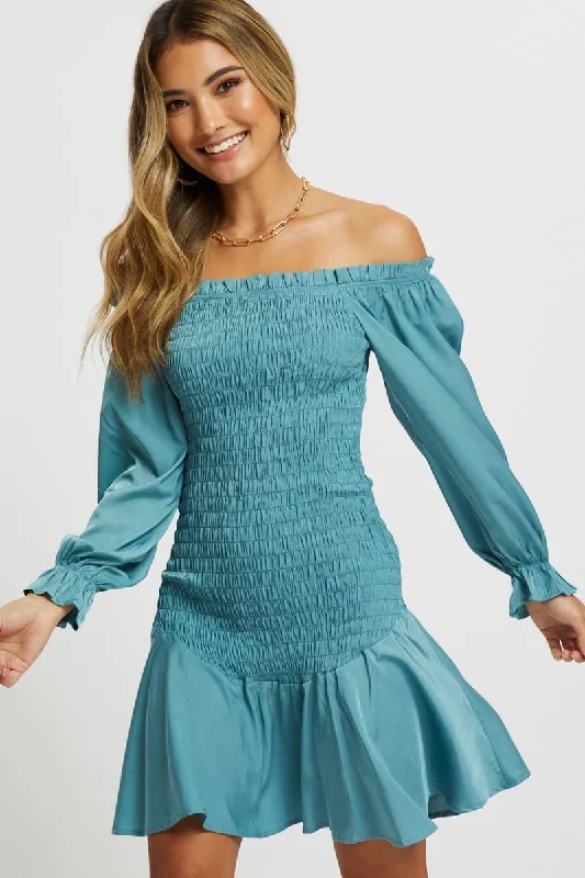 Blue Designer Shirred Of The Shoulder Ruffle Dress