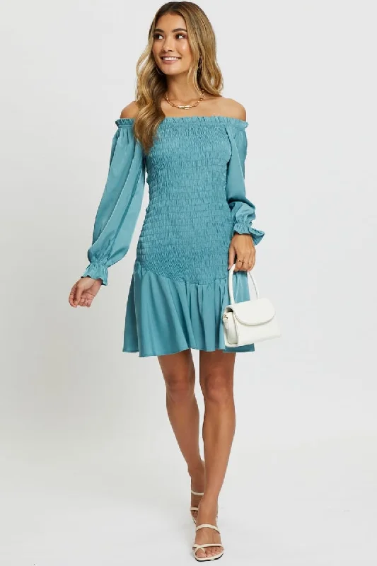 Blue Designer Shirred Of The Shoulder Ruffle Dress