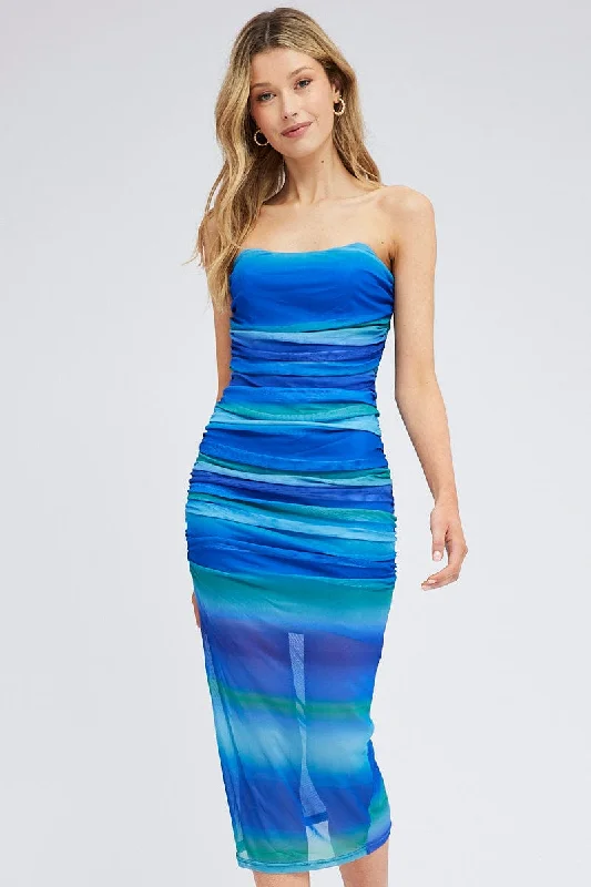 Blue Print Maxi Dress Strapless Ruched Ombre Mesh Bodycon