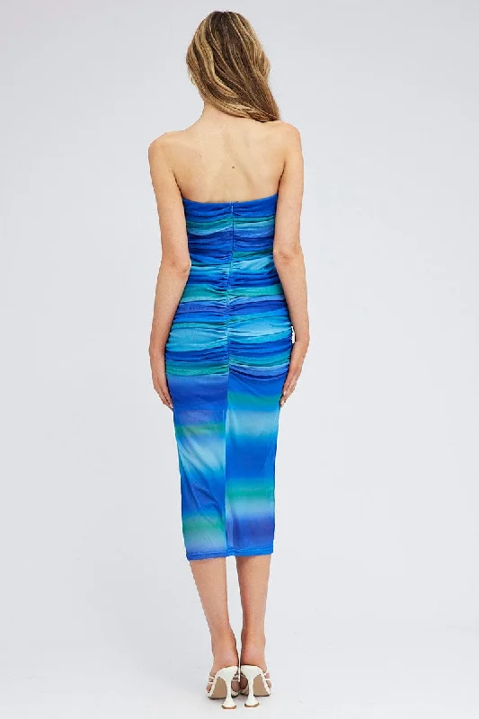 Blue Print Maxi Dress Strapless Ruched Ombre Mesh Bodycon