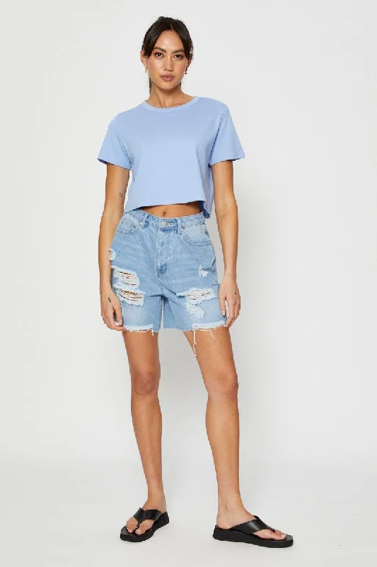 Blue T Shirt Short Sleeve Crop Crew Neck Cotton