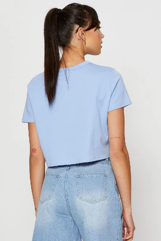 Blue T Shirt Short Sleeve Crop Crew Neck Cotton