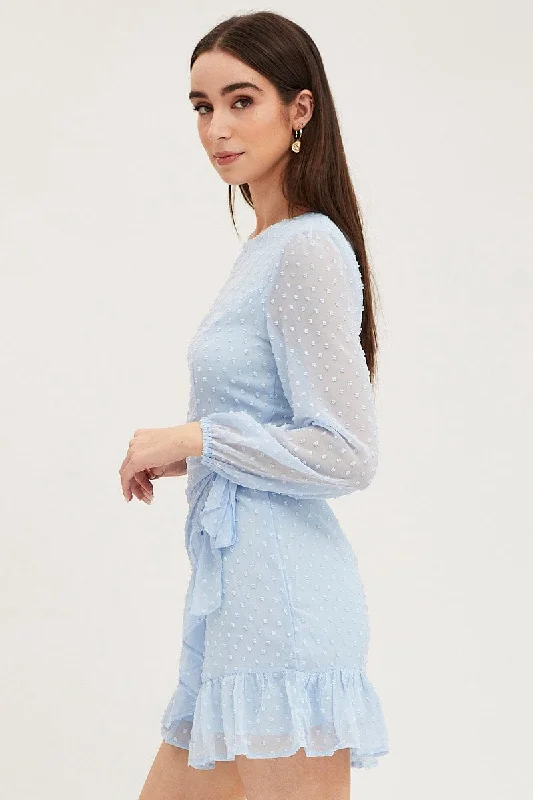 Blue Wrap Dress Long Sleeve Mini Ruffle