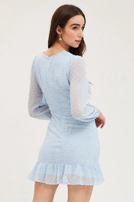 Blue Wrap Dress Long Sleeve Mini Ruffle