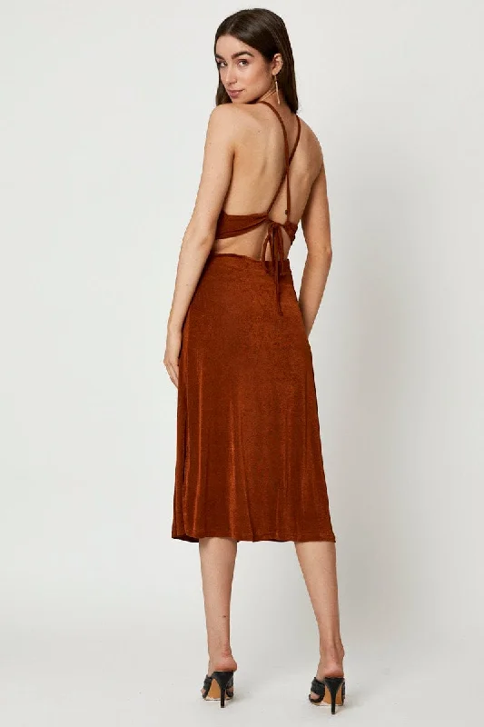 Brown Cut Out Slip Dress