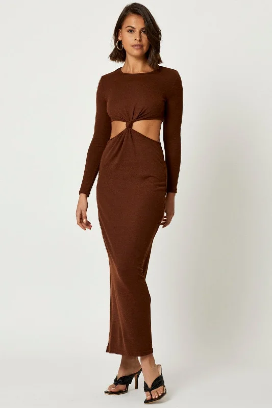 Brown Knot Front Cut Out Dress