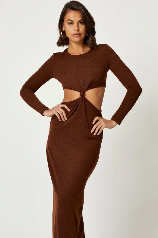 Brown Knot Front Cut Out Dress