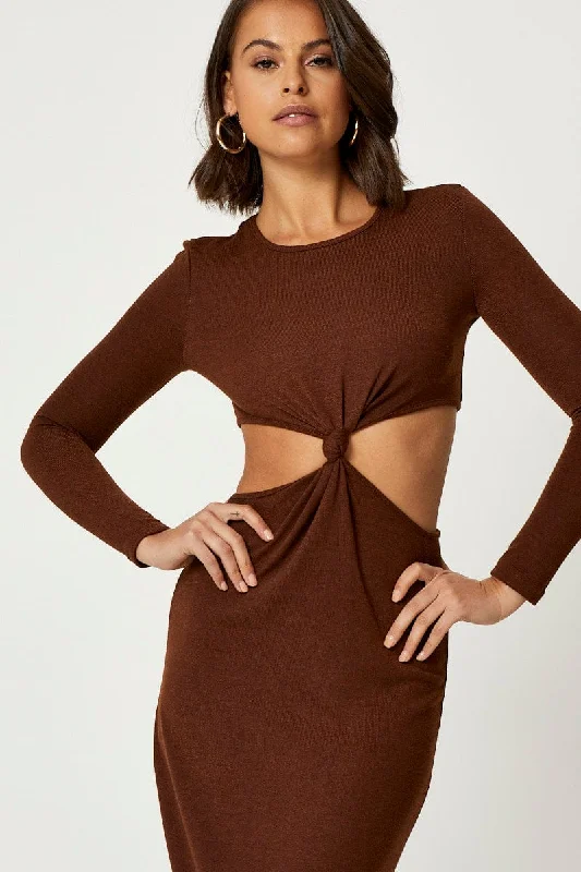 Brown Knot Front Cut Out Dress