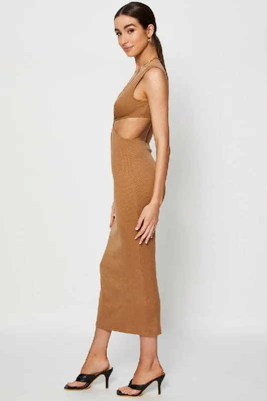 Brown Midi Dress Ribbed Cut Out