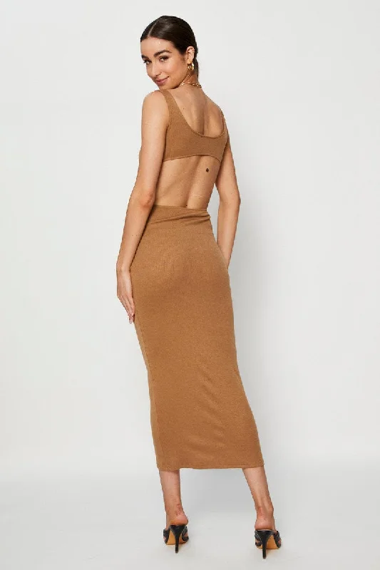 Brown Midi Dress Ribbed Cut Out