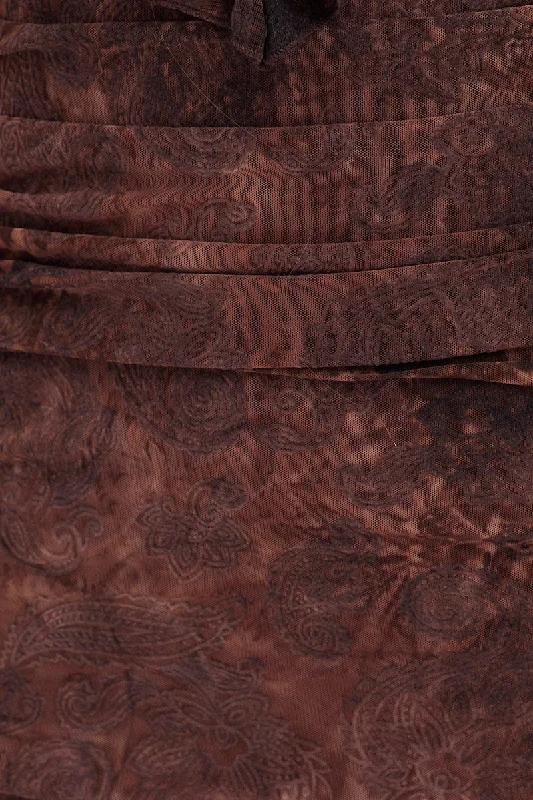 Brown Paisley Mesh Mini Dress V Ruffle Neck Burnt Out Paisley