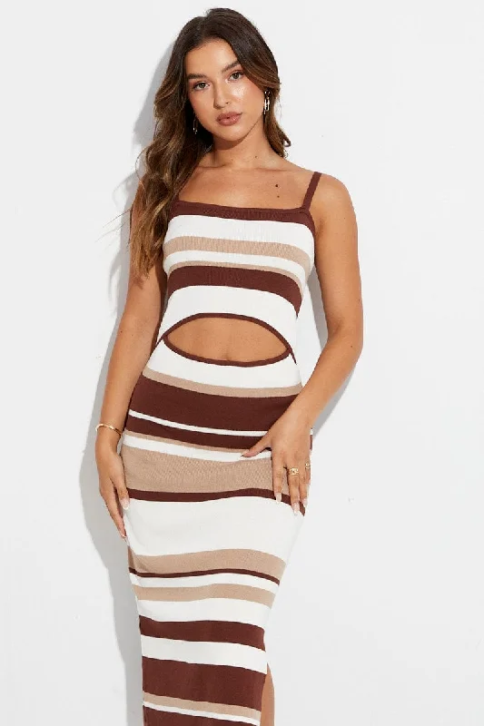 Brown Stripe Knit Dress Sleeveless Midi Cut Out