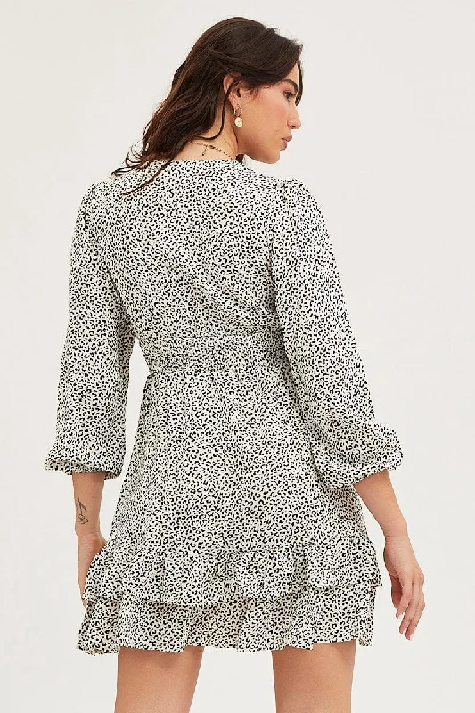 Geo Print Skater Dress Long Sleeve Mini Ruffle