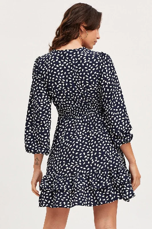 Geo Print Skater Dress Long Sleeve Mini Ruffle