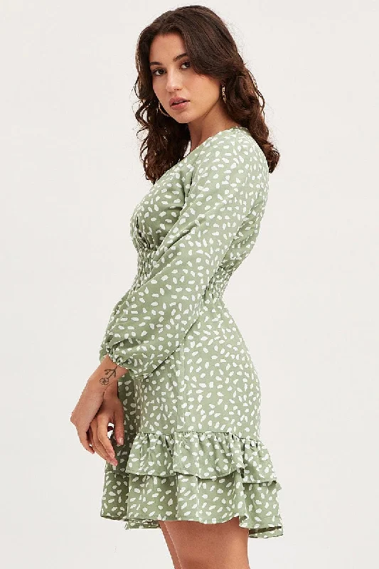 Geo Print Skater Dress Long Sleeve Mini Ruffle