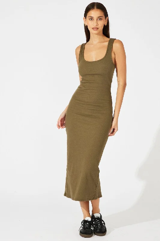 Green Midi Dress Sleeveless Bodycon Rib