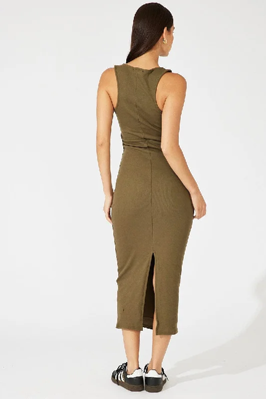 Green Midi Dress Sleeveless Bodycon Rib