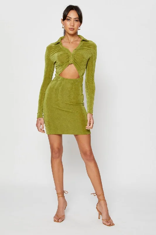 Green Mini Dress Slinky Jersey Cut Out