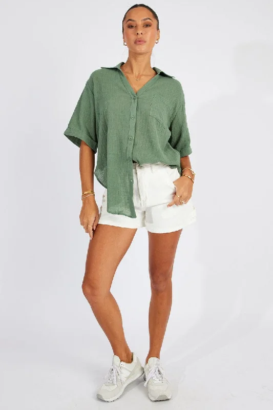 Green Shirt Short Sleeve Collared Neck