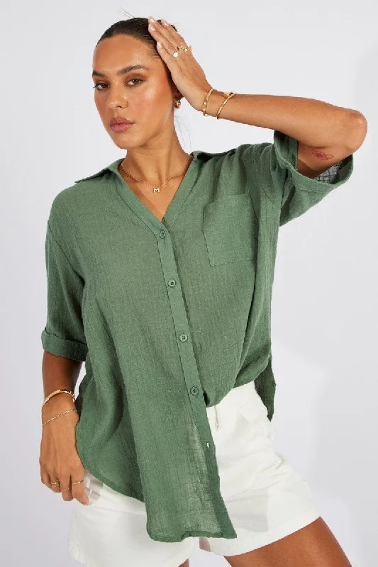 Green Shirt Short Sleeve Collared Neck