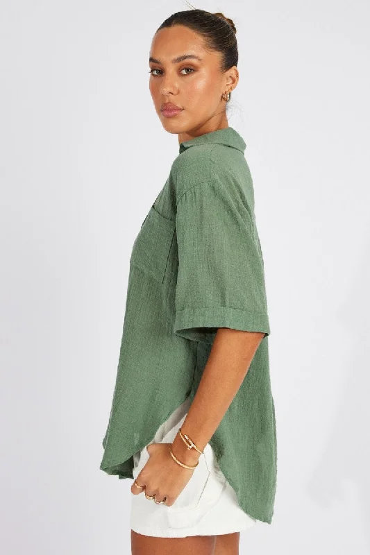 Green Shirt Short Sleeve Collared Neck