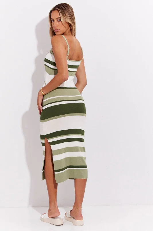 Green Stripe Knit Dress Sleeveless Midi Cut Out