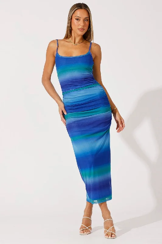 Multi Abstract Bodycon Maxi Dress Mesh