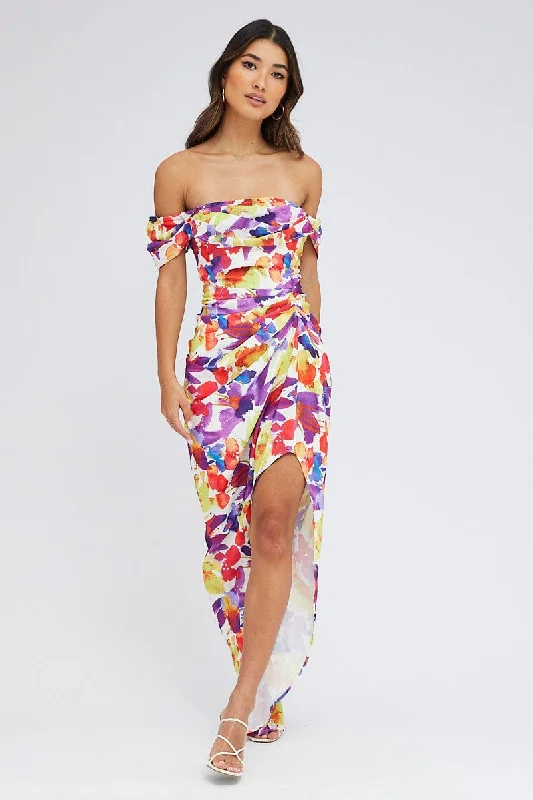 Multi Floral Bardot Dress Draped Midi Watercolour Print