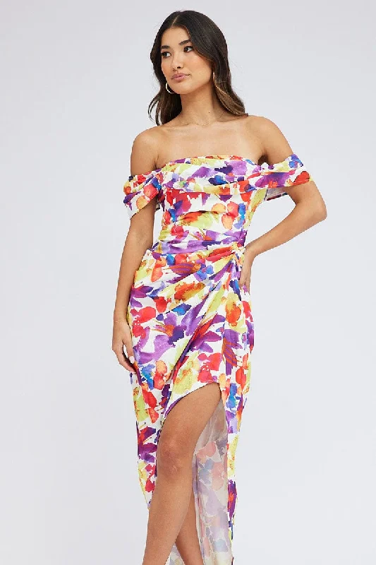 Multi Floral Bardot Dress Draped Midi Watercolour Print