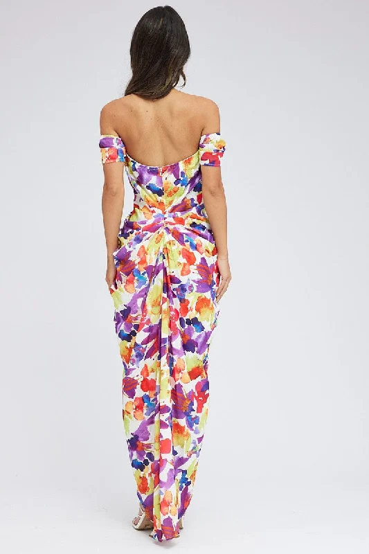 Multi Floral Bardot Dress Draped Midi Watercolour Print