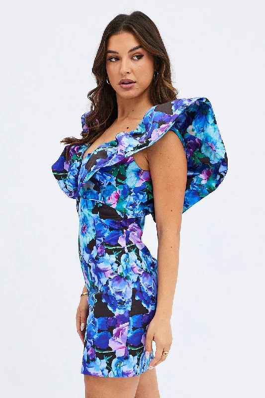 Multi Floral Ruffle Shoulder Plunging Statement Mini Dress