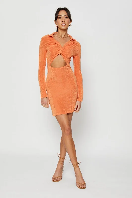 Orange Mini Dress Slinky Jersey Cut Out